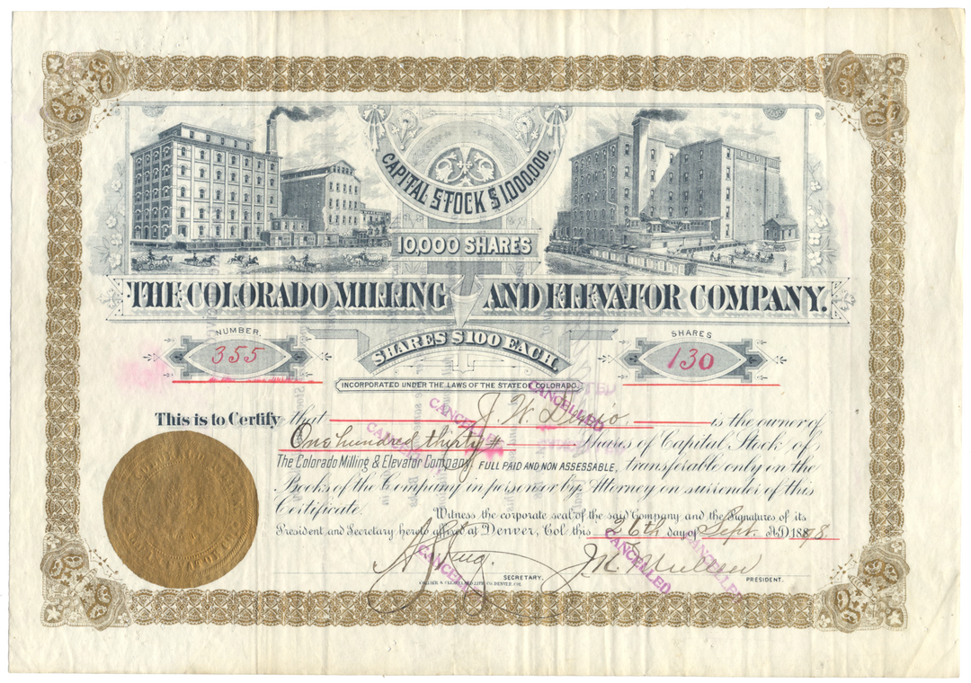 Colorado Milling and Elevator Company Stock Certificate Signed by J. K. Mullen