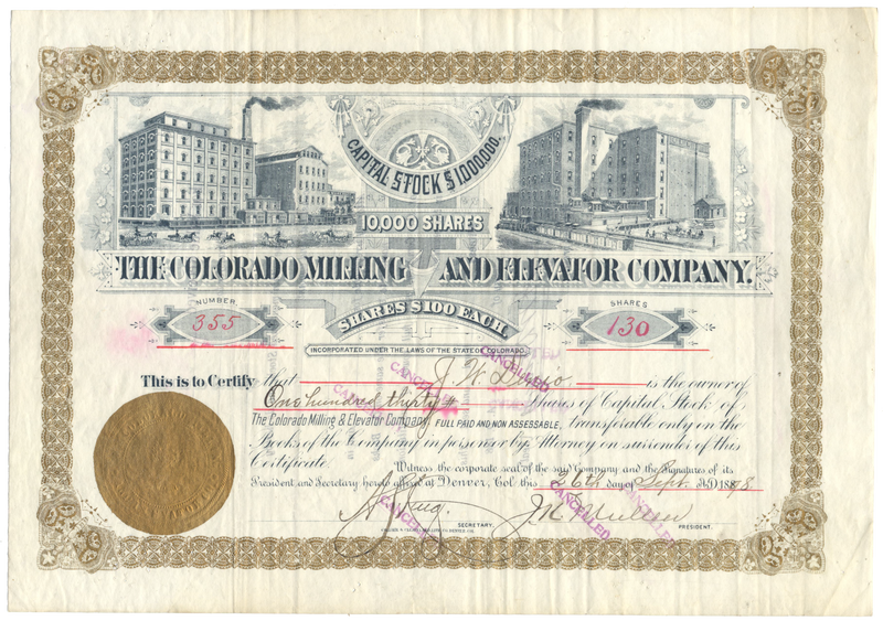 Colorado Milling and Elevator Company Stock Certificate Signed by J. K. Mullen