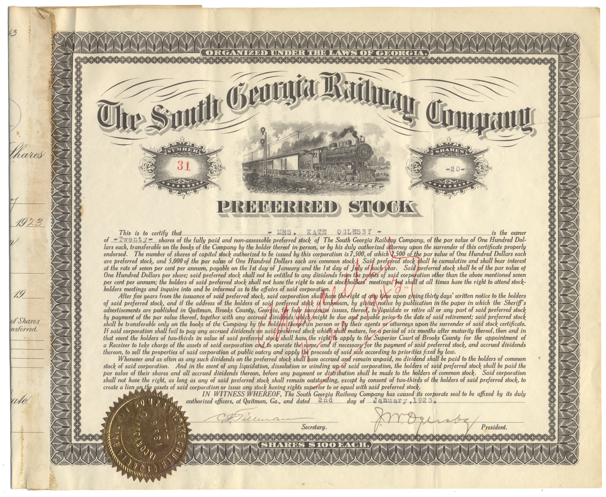Vintage stock certificate for The South Georgia Railway Company with a stamp and text.