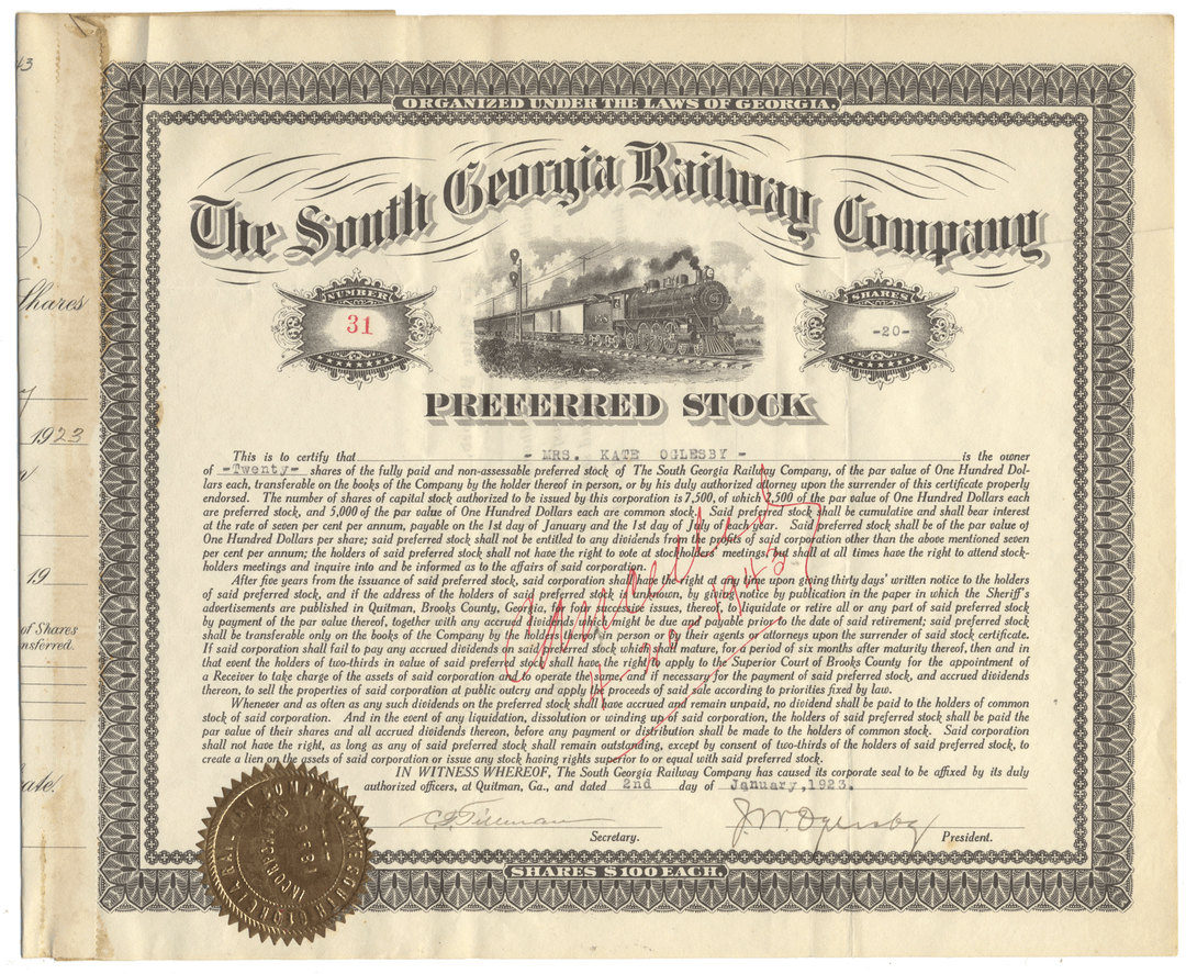 Vintage stock certificate for The South Georgia Railway Company with a stamp and text.