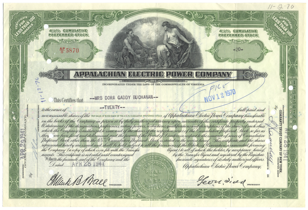 Appalachian Electric Power Company Stock Certificate