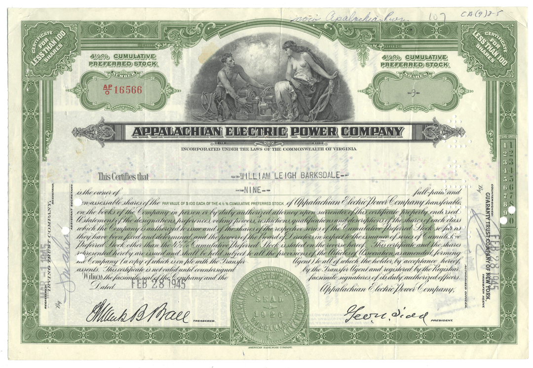 Appalachian Electric Power Company stock certificate from 1945