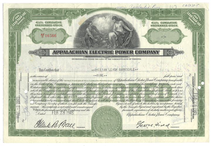 Appalachian Electric Power Company stock certificate from 1945
