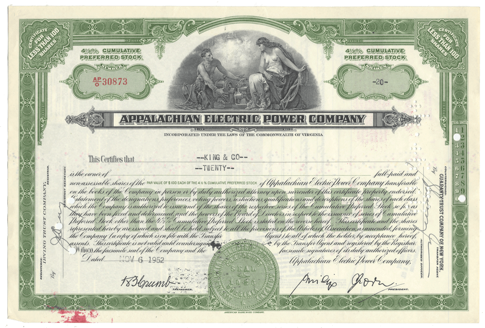 Appalachian Electric Power Company stock certificate from 1952