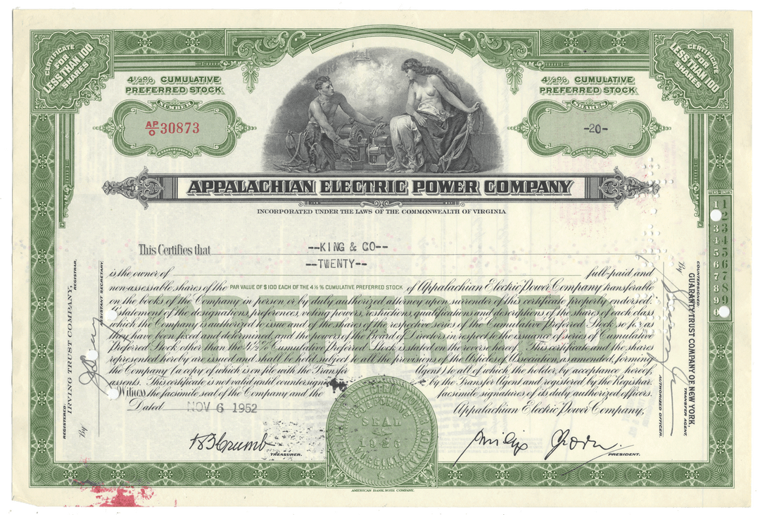 Appalachian Electric Power Company stock certificate from 1952