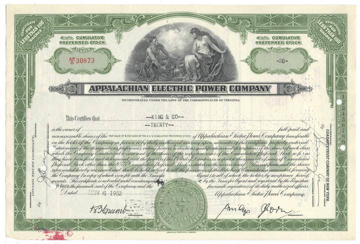 Appalachian Electric Power Company stock certificate from 1952