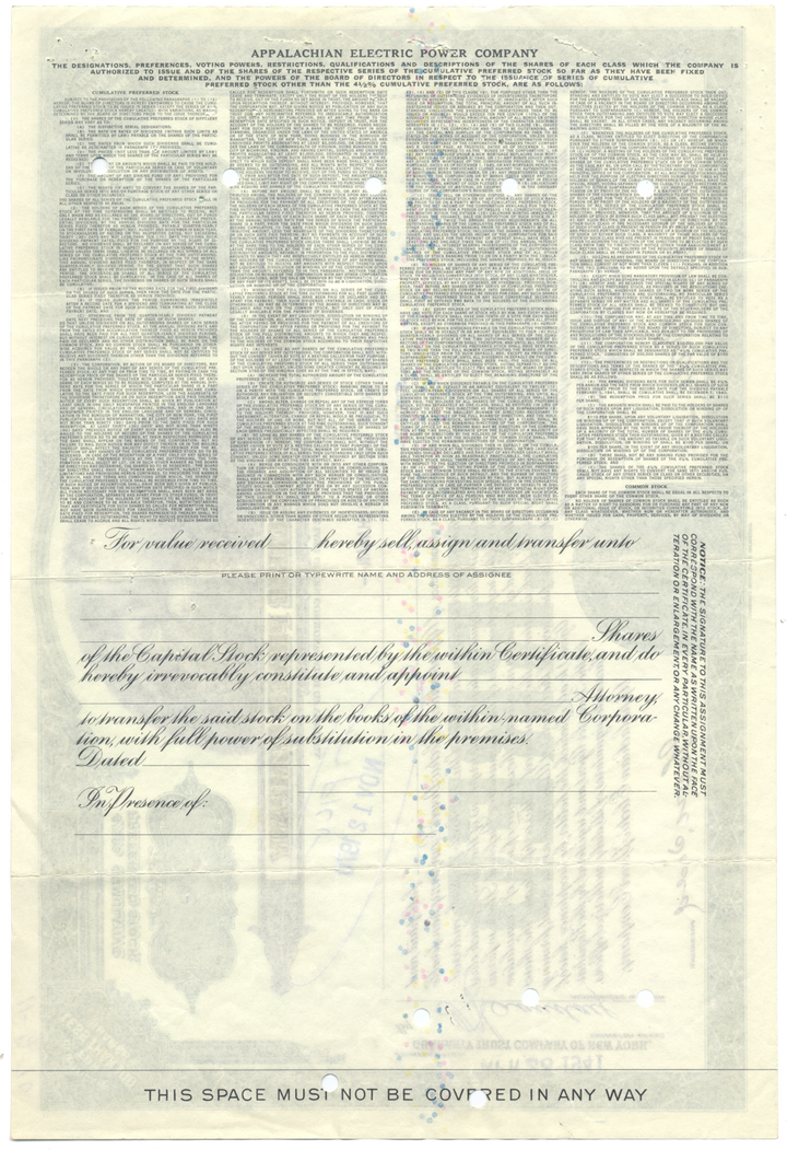 Appalachian Electric Power Company Stock Certificate