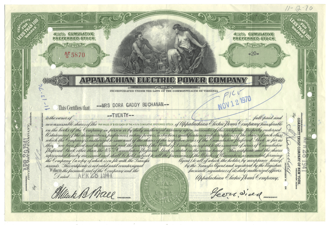 Appalachian Electric Power Company stock certificate from 1941
