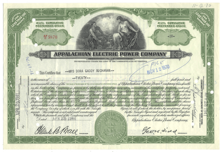 Appalachian Electric Power Company stock certificate from 1941