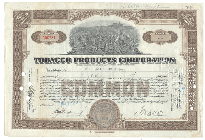 An antique Tobacco Products Corporation stock certificate from 1929