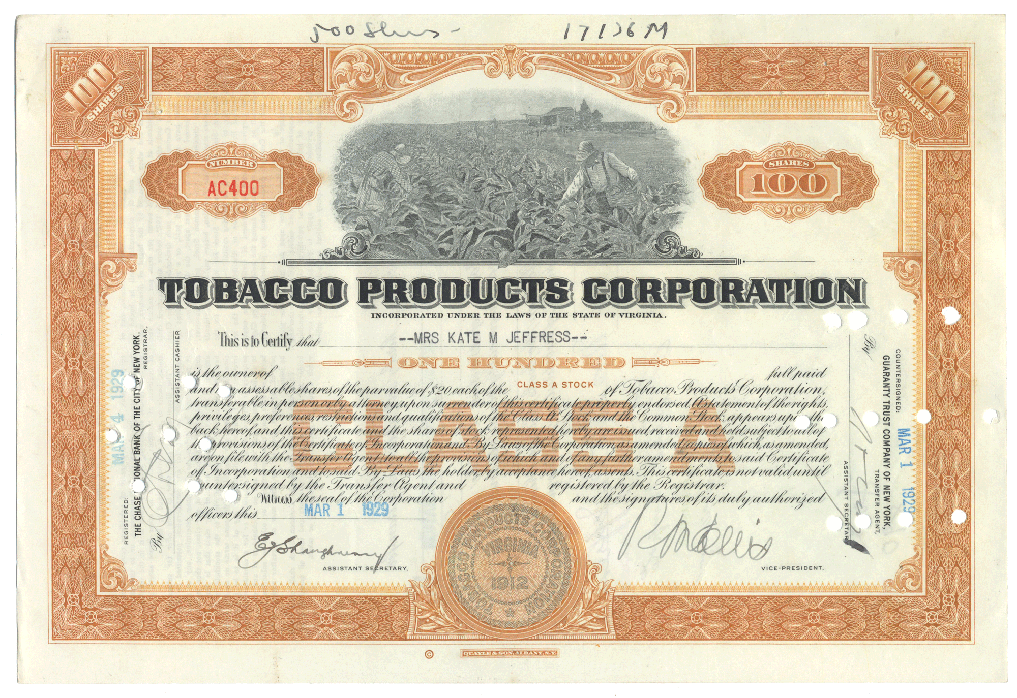 Vintage stock certificate from Tobacco Products Corporation with decorative elements and text.