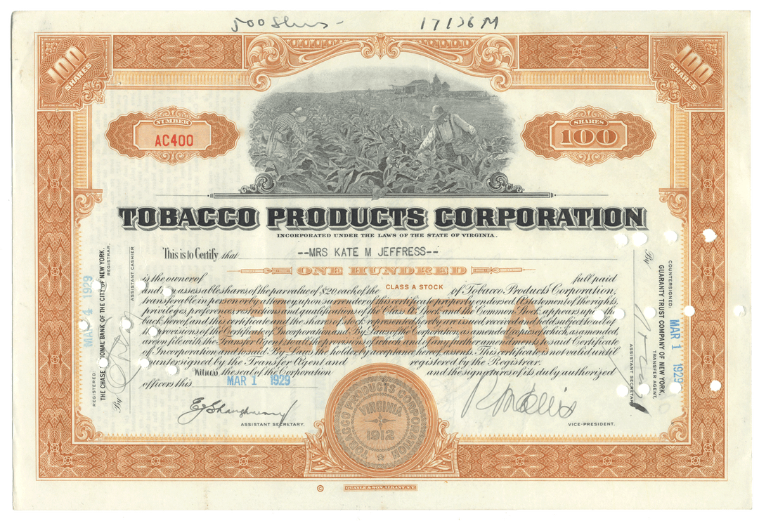 Vintage stock certificate from Tobacco Products Corporation with decorative elements and text.
