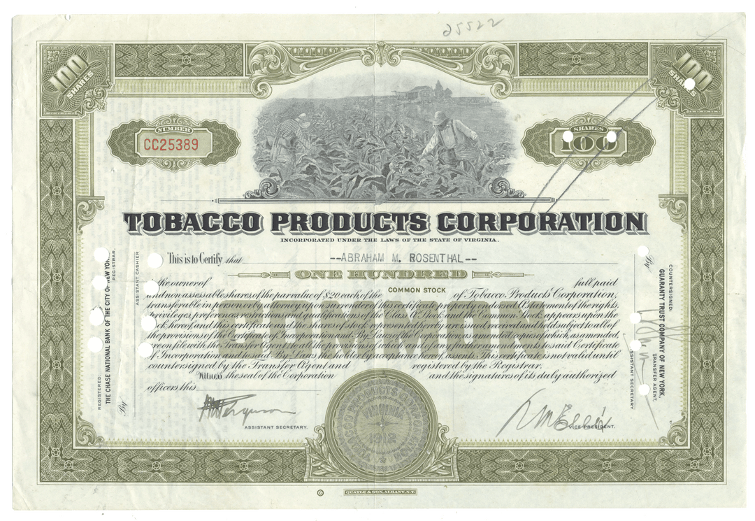 Stock certificate from Tobacco Products Corporation with decorative elements and text.