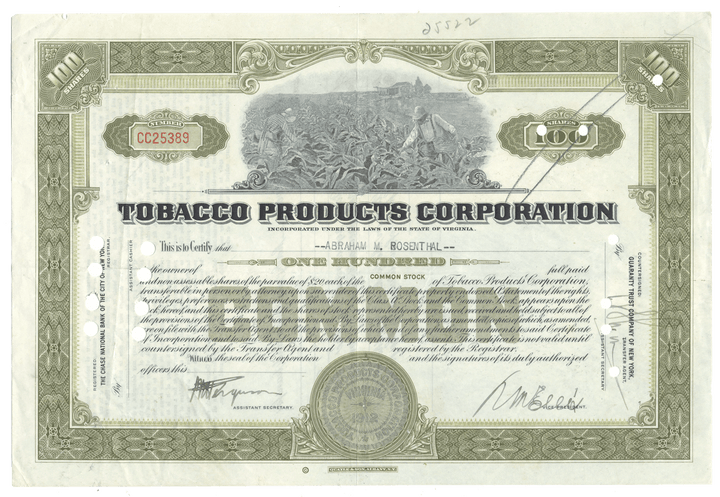 Stock certificate from Tobacco Products Corporation with decorative elements and text.