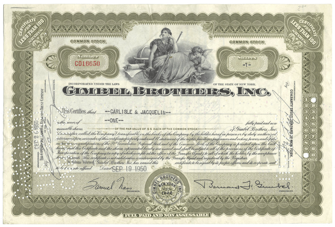 Gimbel Brothers Inc Stock Certificate