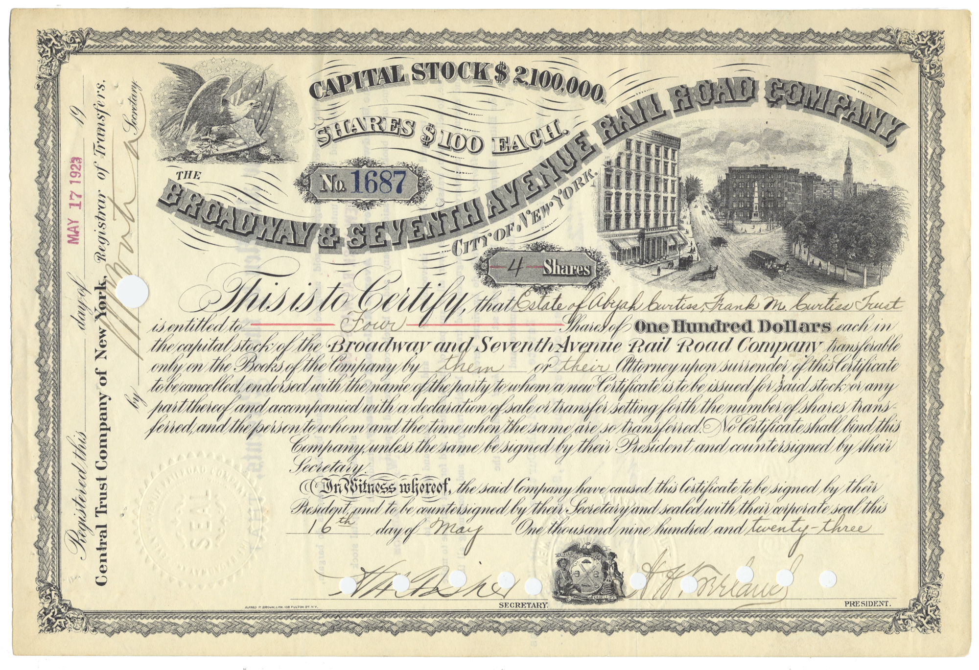 Historical stock certificate for the Broadway & Seventh Avenue Rail Road Company from 1923
