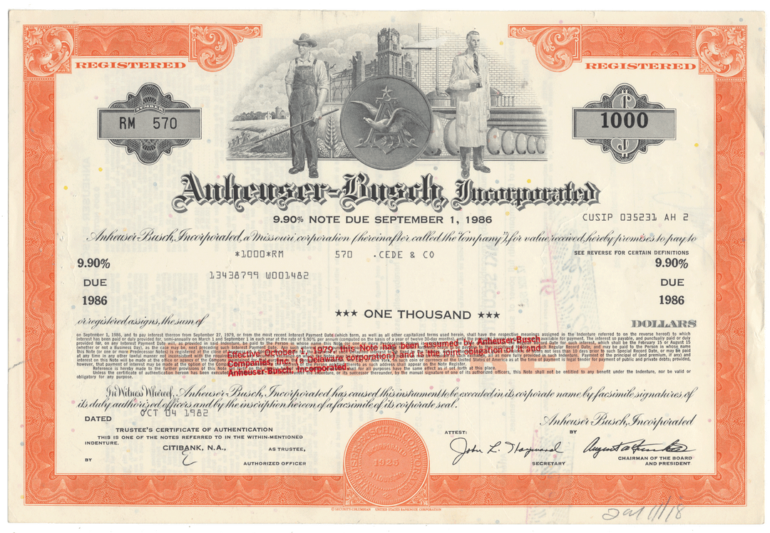 Anheuser-Busch Incorporated bond certificate 