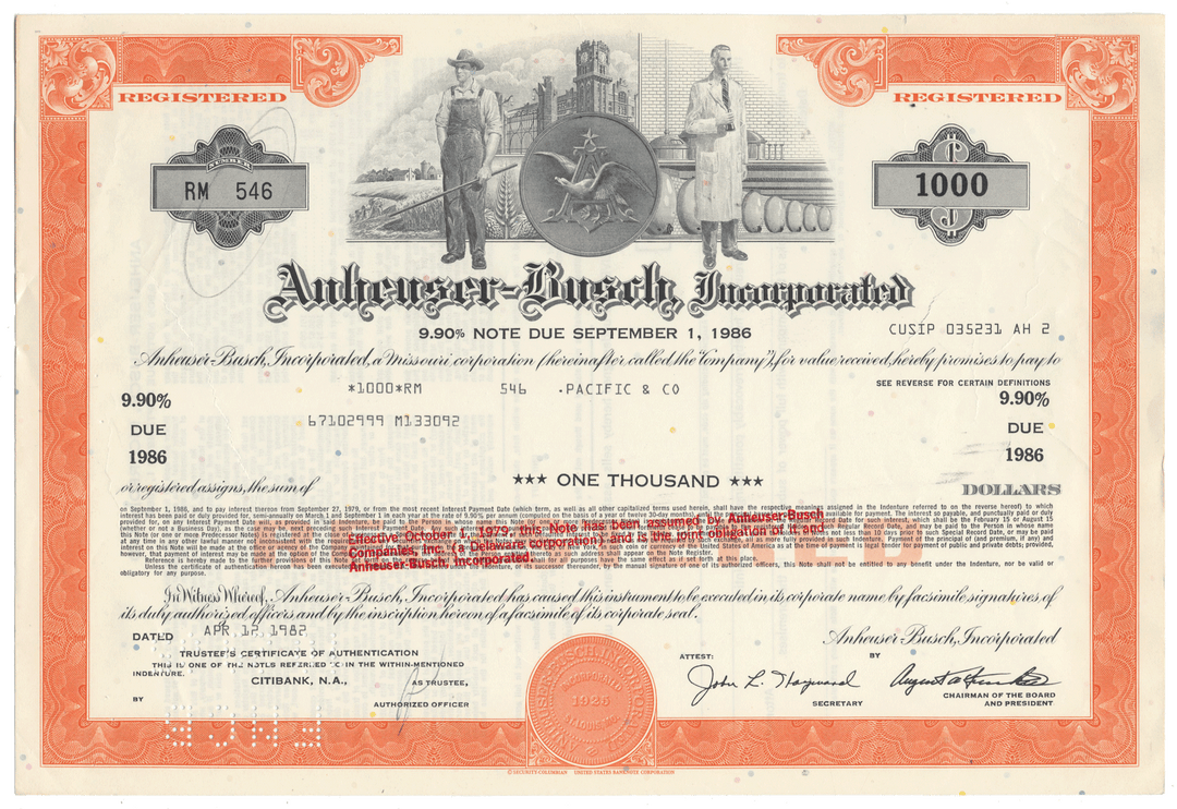 A vintageAnheuser-Busch bond certificate from 1982