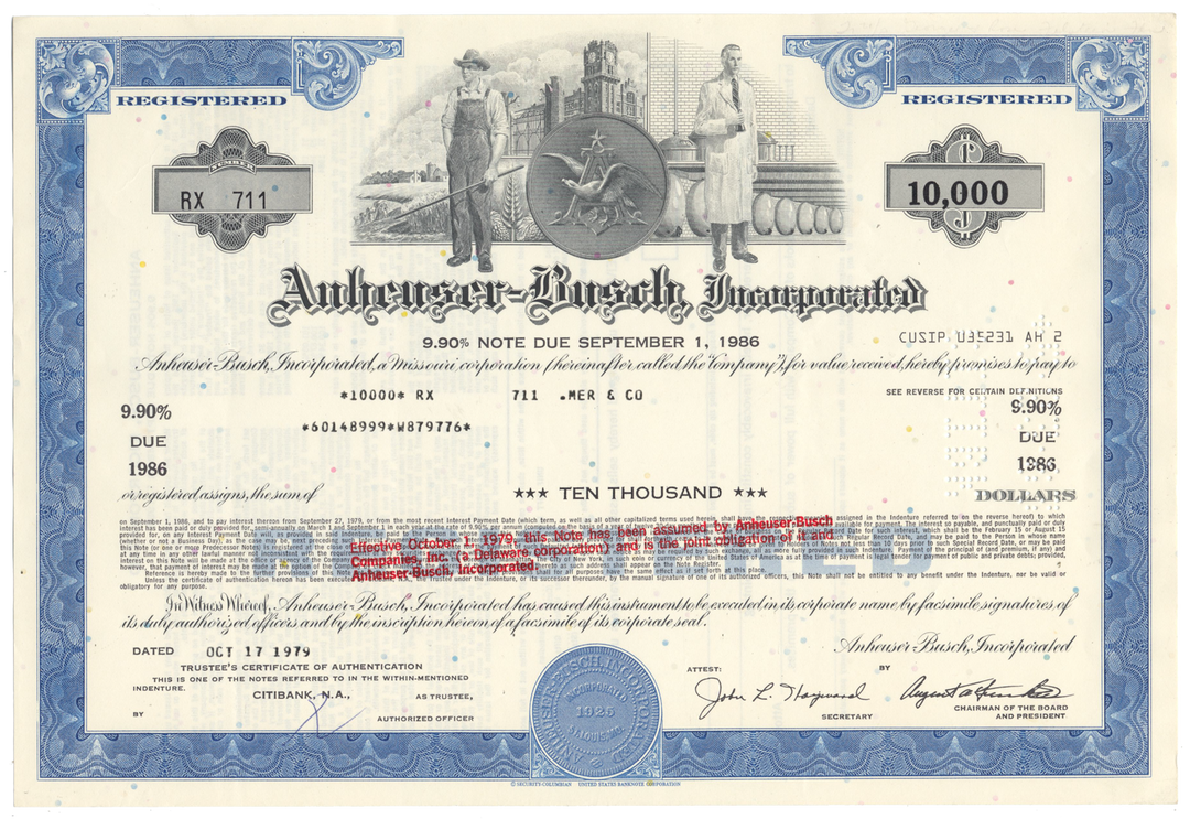 Anheuser-Busch Inc. Bond Certificate