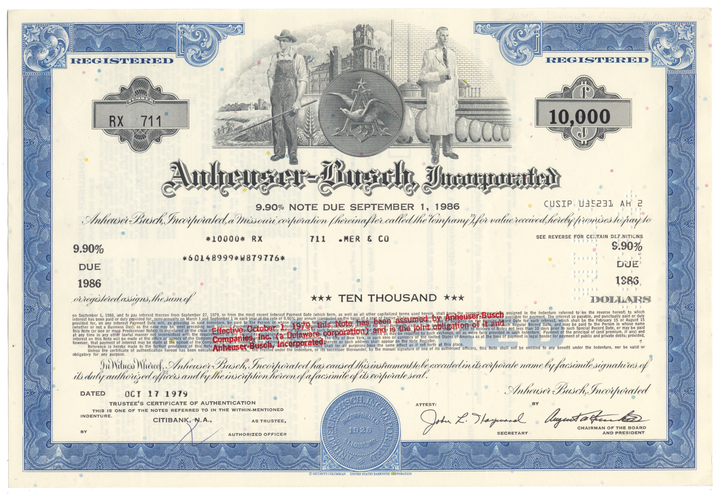 Anheuser-Busch Inc. Bond Certificate