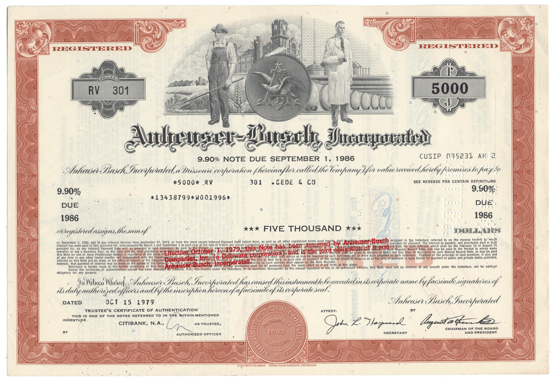 Anheuser-Busch Inc. Bond Certificate