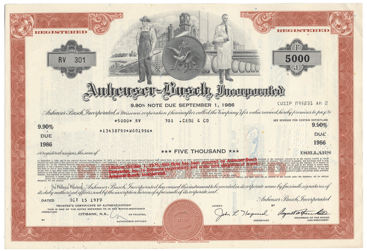 Anheuser-Busch Inc. Bond Certificate