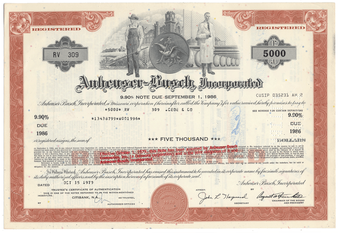 Anheuser-Busch Incorporated stock certificate