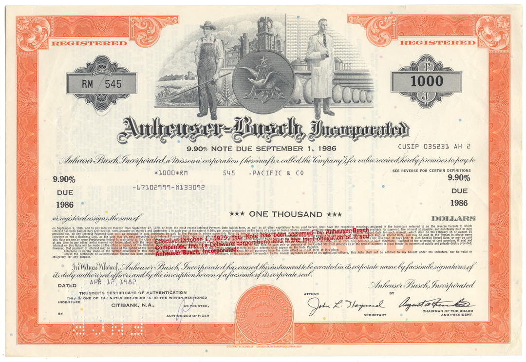 Anheuser-Busch Inc. Bond Certificate