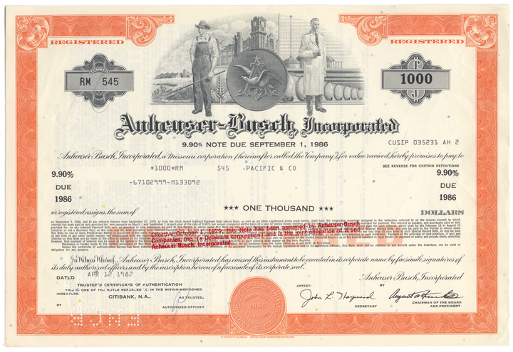 Anheuser-Busch Inc. Bond Certificate