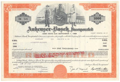 Anheuser-Busch Inc. Bond Certificate