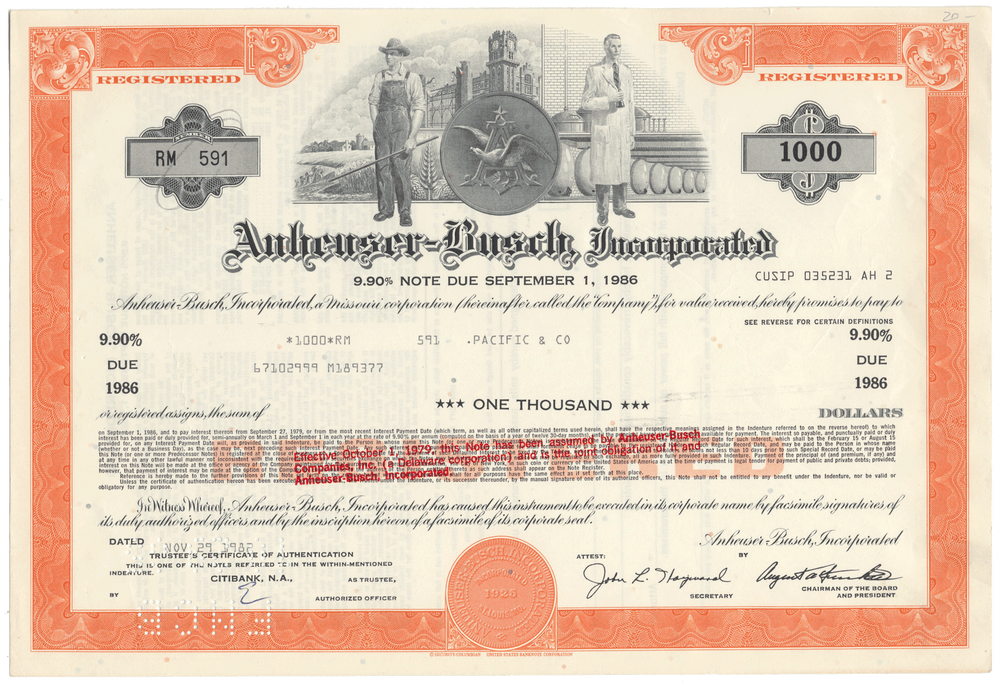 Anheuser-Busch bond certificate