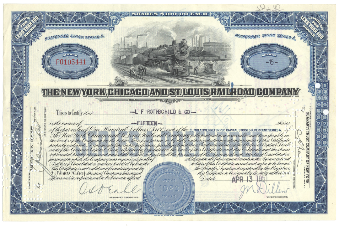 New York, Chicago and St. Louis Railroad Company Stock Certificate