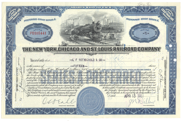 New York, Chicago and St. Louis Railroad Company Stock Certificate