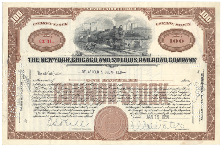 New York, Chicago and St. Louis Railroad Company Stock Certificate