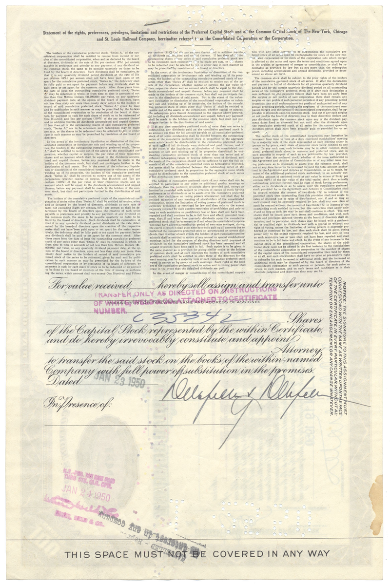 New York, Chicago and St. Louis Railroad Company Stock Certificate