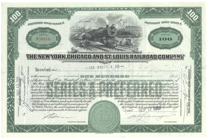 New York, Chicago and St. Louis Railroad Company Stock Certificate