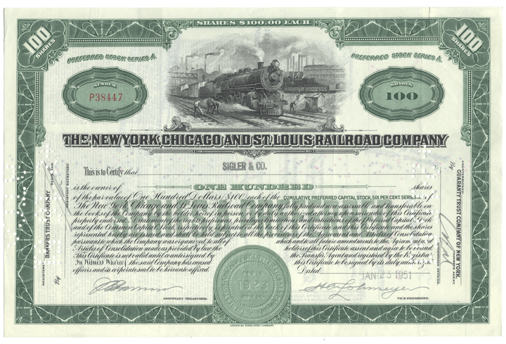 New York, Chicago and St. Louis Railroad Company Stock Certificate