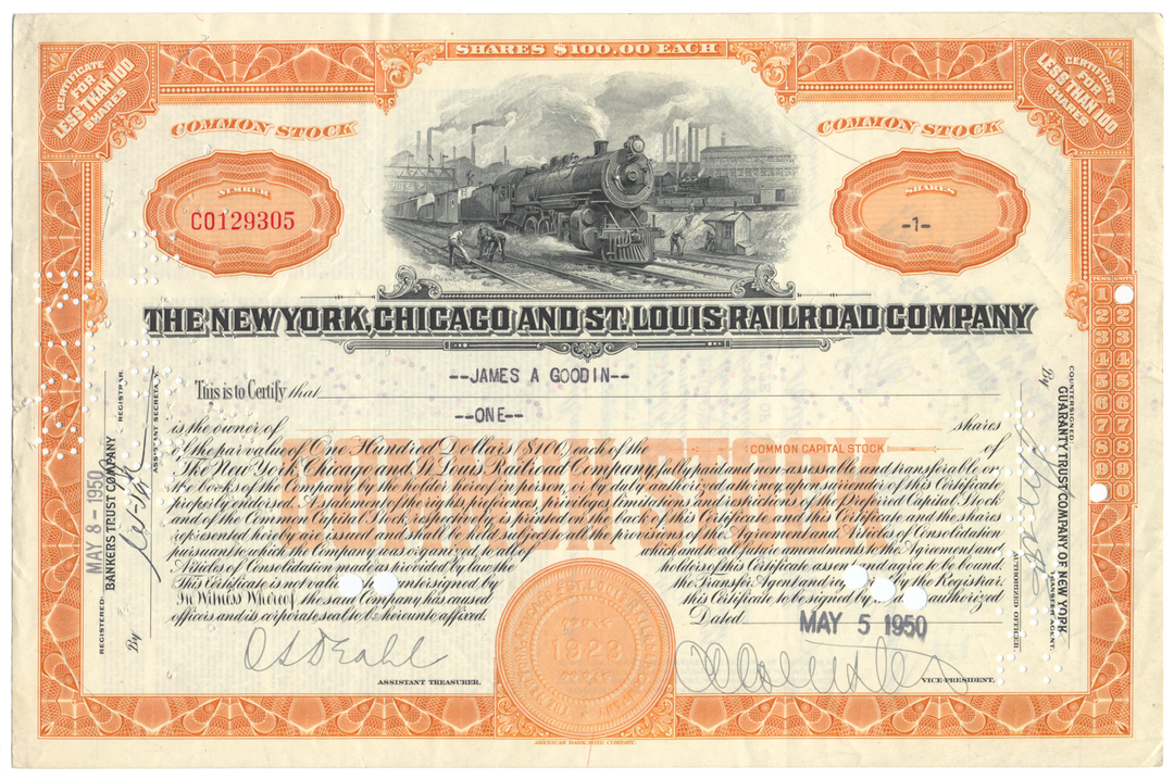 New York, Chicago and St. Louis Railroad Company Stock Certificate