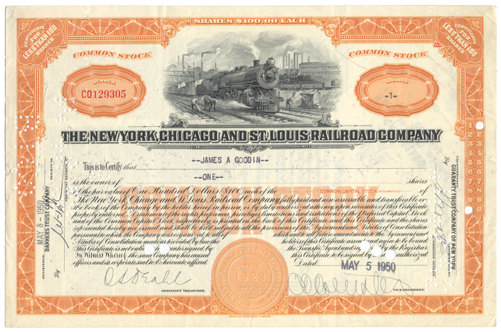 New York, Chicago and St. Louis Railroad Company Stock Certificate