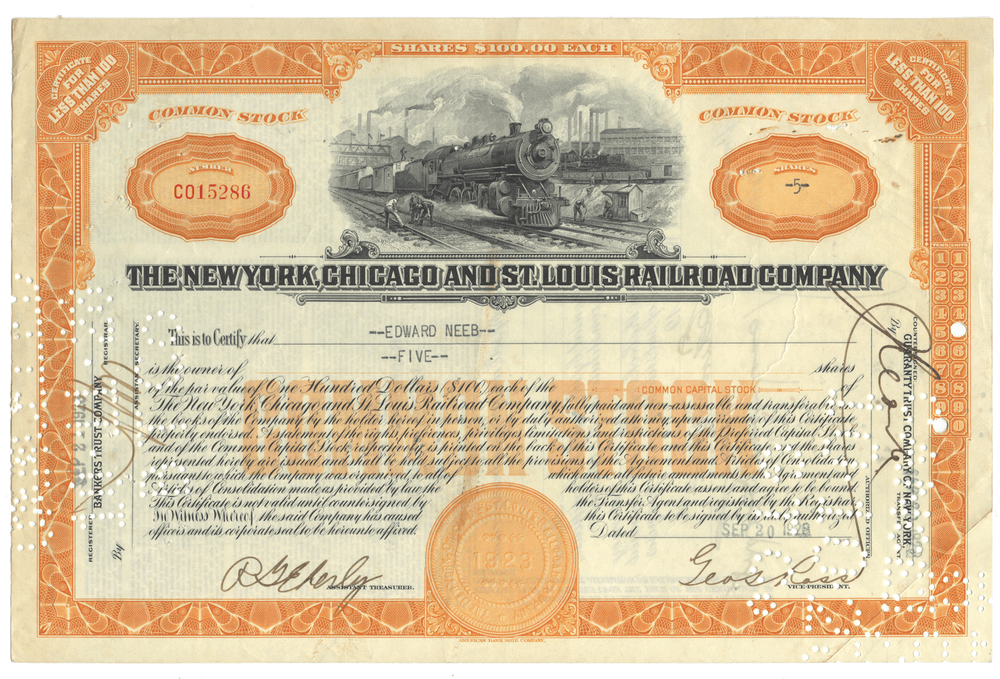 New York, Chicago and St. Louis Railroad Company Stock Certificate