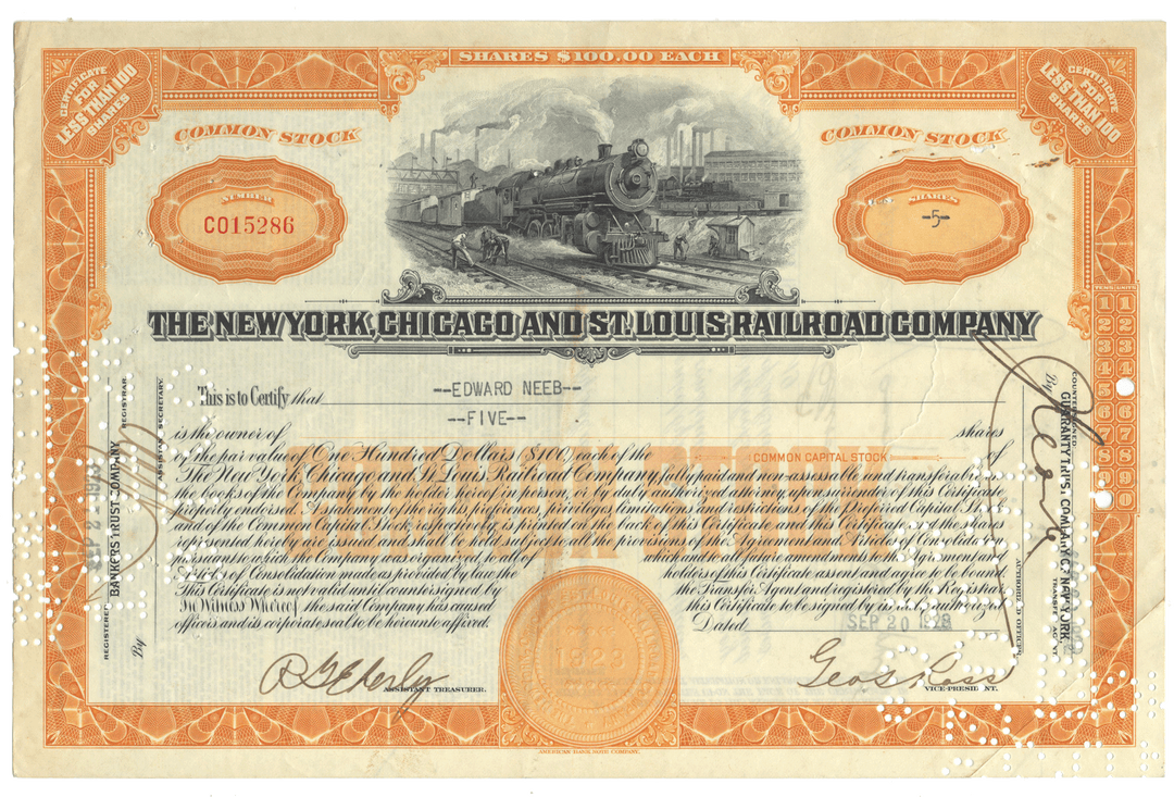 New York, Chicago and St. Louis Railroad Company Stock Certificate
