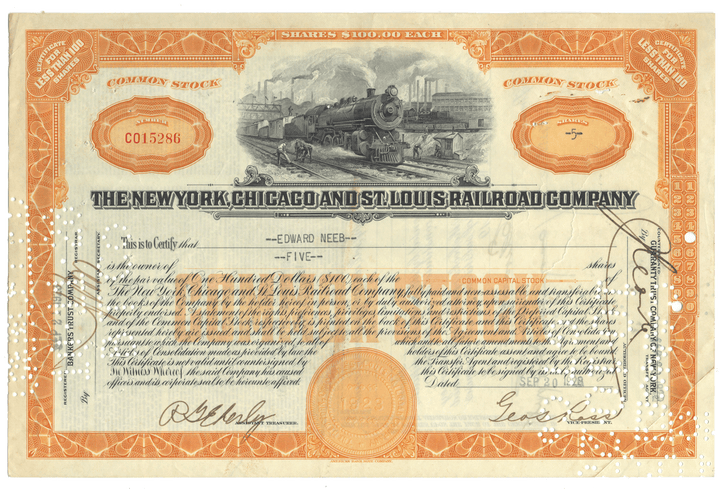 New York, Chicago and St. Louis Railroad Company Stock Certificate