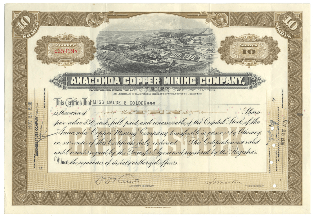 An old stock certificate for the Anaconda Copper Mining Company with detailed text and graphics.