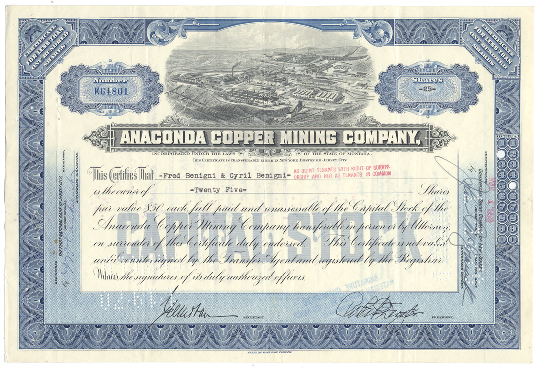 Anaconda Copper Mining Company Stock Certificate