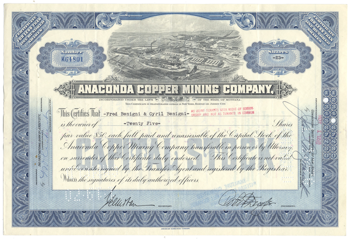 Anaconda Copper Mining Company Stock Certificate