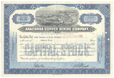 Anaconda Copper Mining Company Stock Certificate