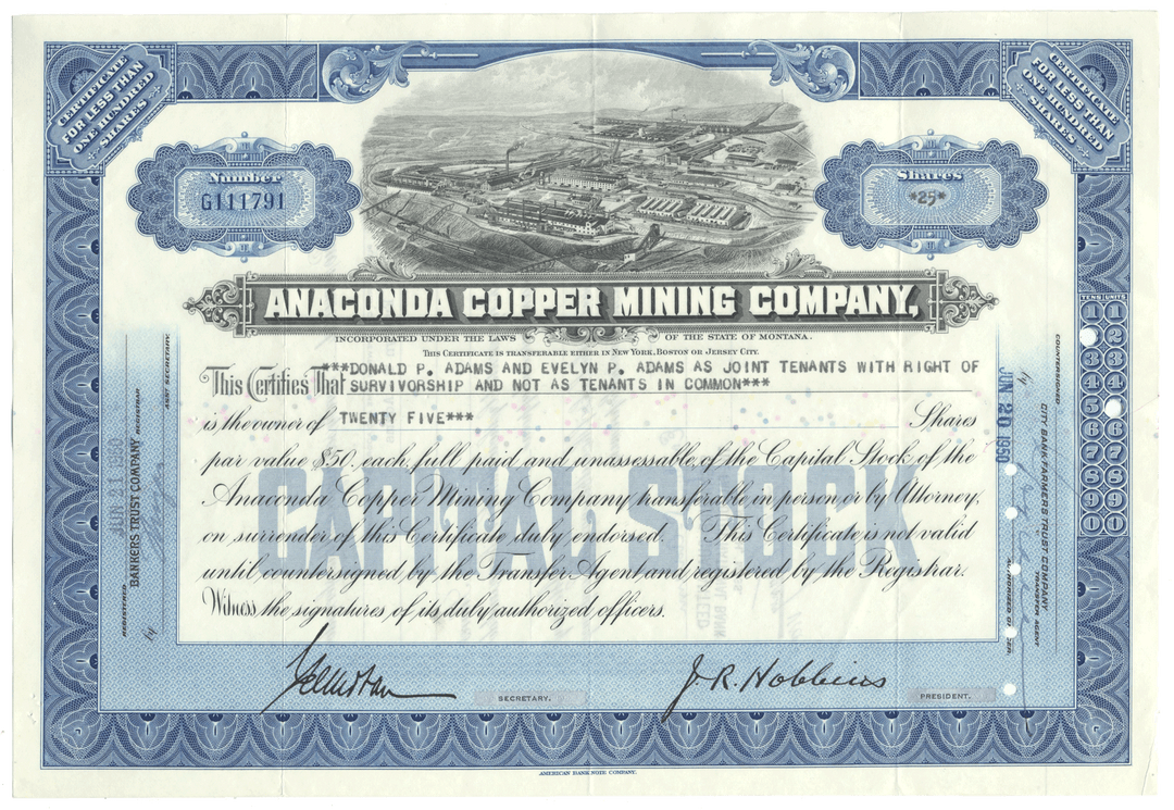 Anaconda Copper Mining Company Stock Certificate