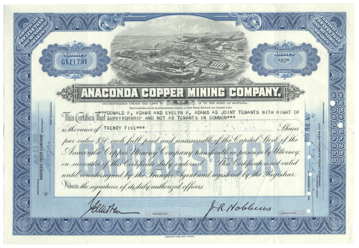Anaconda Copper Mining Company Stock Certificate