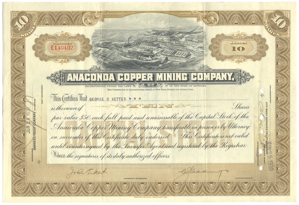 Anaconda Copper Mining Company Stock Certificate