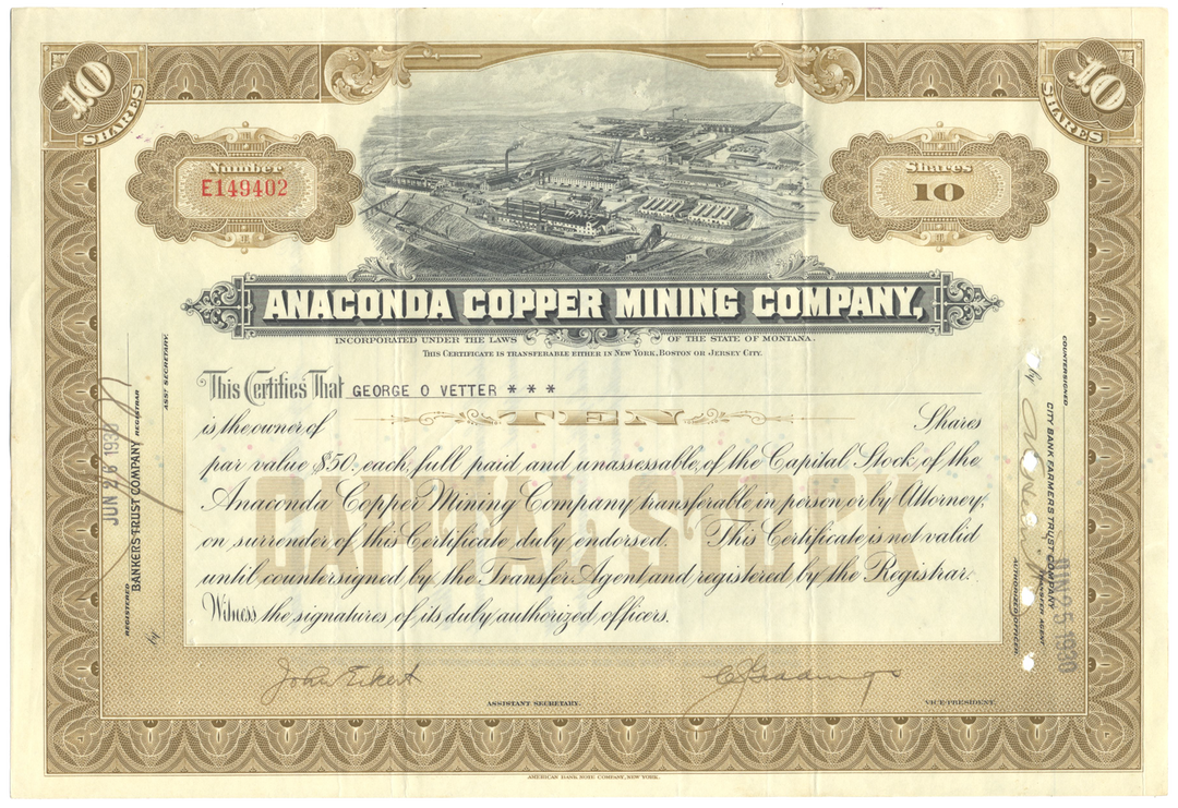 Anaconda Copper Mining Company Stock Certificate